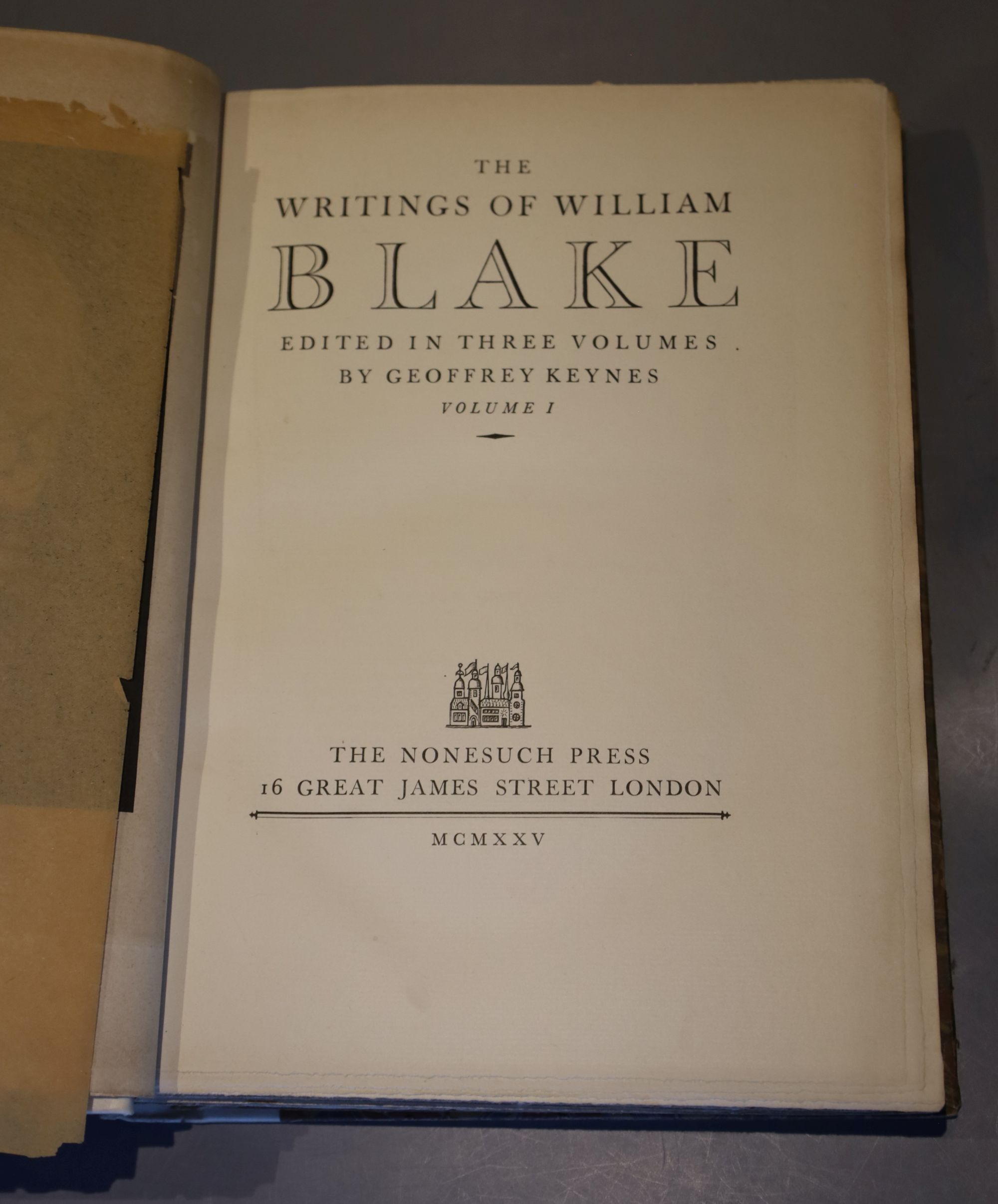 Keynes, Geoffrey (editor) - The Writings of William Blake, 3 vols, qto, quarter vellum, number 966 or 1500, with 60 plates, The Nonesuc